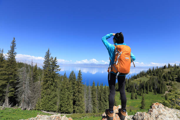 istock young woman backpacker hiking on forest mountain peak 664991014