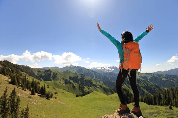 istock cheering young woman backpacker hiking on forest mountain peak 664991038