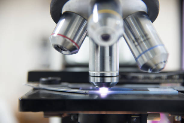 istock Microscpope laboratory equipment find test in white tone. 664994564