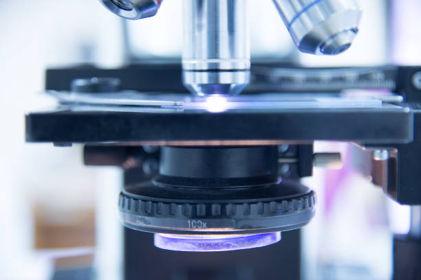 istock Microscpope laboratory equipment find test in white tone. 664995002