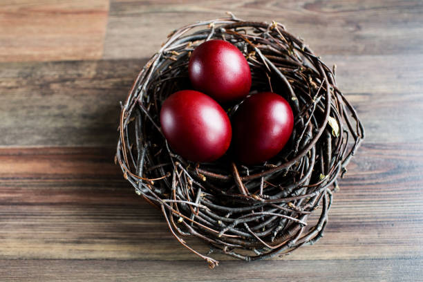istock Easter eggs in the nest on wooden background 664995448
