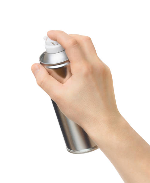 spraydose in der männlichen hand auf weißem hintergrund - gas can stock-fotos und bilder