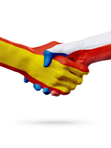 istock Flags Spain, Czech Republic countries, partnership friendship handshake concept. 665009592