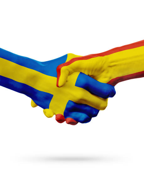 istock Flags Sweden, Spain countries, partnership friendship handshake concept. 665016054