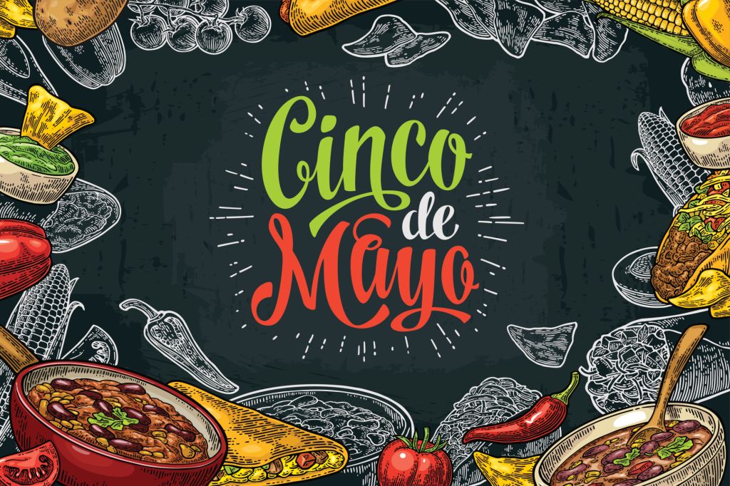 Mexican traditional food with Guacamole, Quesadilla, Enchilada, Burrito, Tacos, Nachos, Chili con carne and ingredient. Vector vintage engraved illustration on dark background