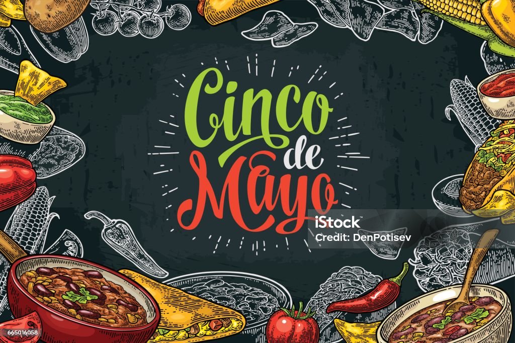 Mexican traditional food restaurant menu template with ingredient Mexican traditional food with Guacamole, Quesadilla, Enchilada, Burrito, Tacos, Nachos, Chili con carne and ingredient. Vector vintage engraved illustration on dark background Cinco de Mayo stock vector