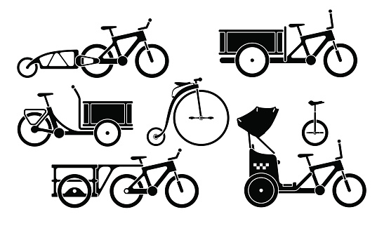Black and white set of utility bicycles and tricycles silhouette icons. Vector isolated clipart