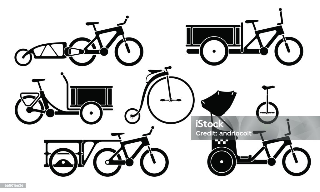 Set of bicycles and tricycles silhouette icons Black and white set of utility bicycles and tricycles silhouette icons. Vector isolated clipart Bicycle stock vector