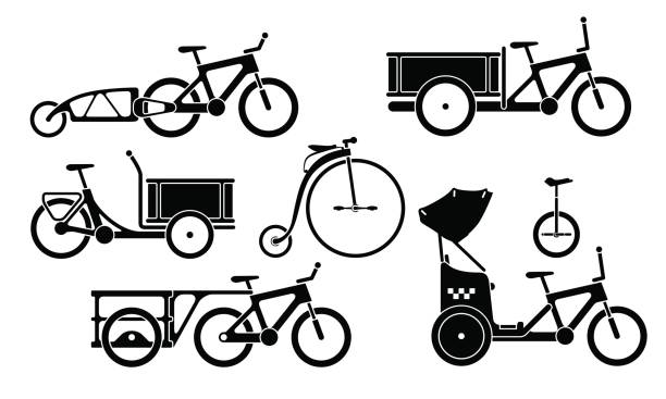 Set of bicycles and tricycles silhouette icons Black and white set of utility bicycles and tricycles silhouette icons. Vector isolated clipart penny farthing bicycle stock illustrations