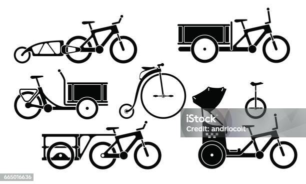 Set Of Bicycles And Tricycles Silhouette Icons Stock Illustration - Download Image Now - Bicycle, Vehicle Trailer, Pedicab