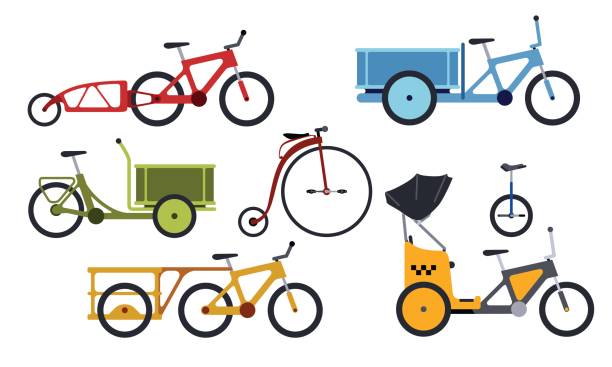 Set of bicycles and tricycles silhouette icons Color set of utility bicycles and tricycles silhouette icons. Vector isolated clipart penny farthing bicycle stock illustrations