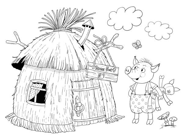 ilustrações de stock, clip art, desenhos animados e ícones de three little pigs. fairy tale. illustration for children. coloring page. cute and funny cartoon characters - forest hut window autumn