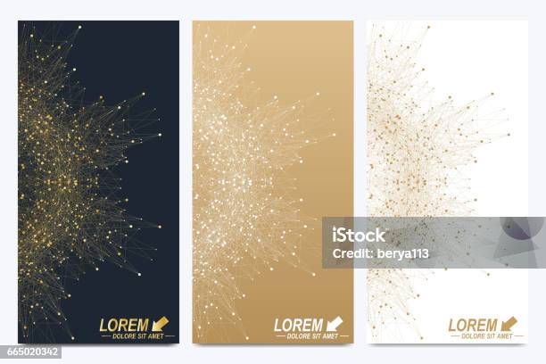 Modern Set Of Vector Flyers Geometric Abstract Presentation Molecule And Communication Background For Medicine Science Technology Chemistry Golden Cybernetic Dots Lines Plexus Card Surface Stock Illustration - Download Image Now