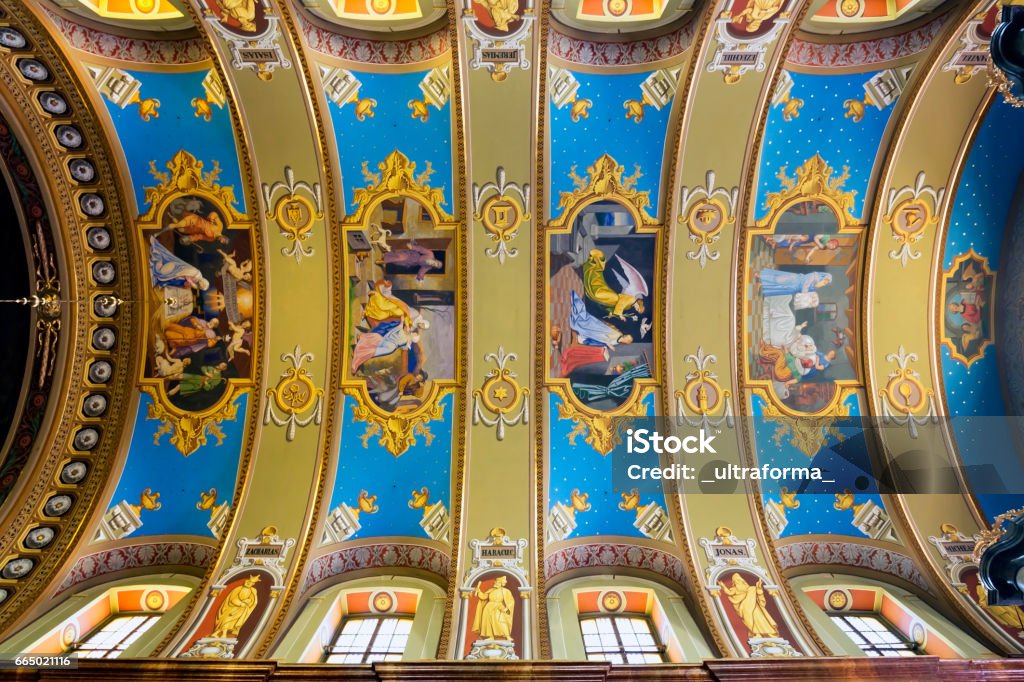 Interior of the Roman-Catholic Basilica in Oradea (Nagyvarad) Ceiling paintings of the Roman-Catholic Basilica in Oradea (Nagyvarad) Ancient Stock Photo