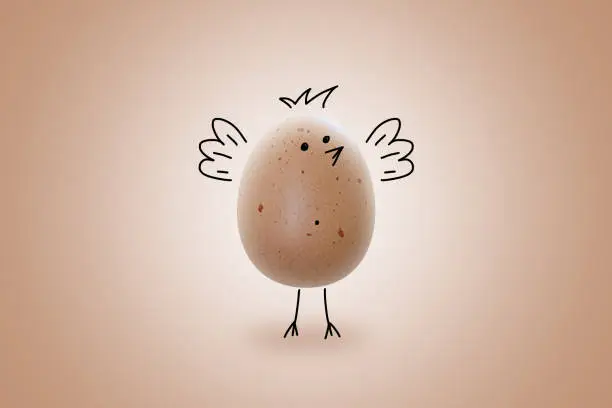 Hand drawn chicken on the real egg and beige background. Isolated, Emoji concept