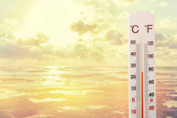 istock image of thermometer against sunset sky 665032006