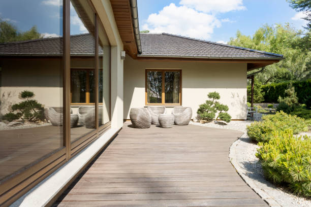 Wooden terrace by suburban villa