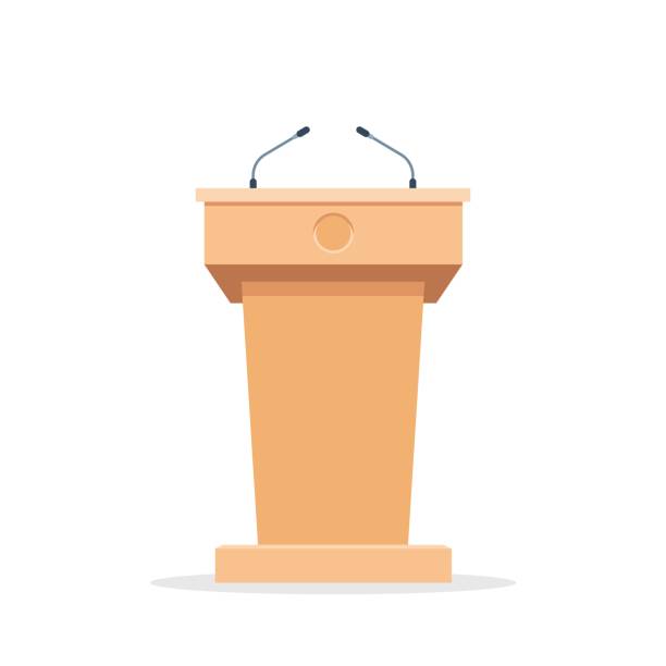 ilustrações de stock, clip art, desenhos animados e ícones de rostrum with microphones - oratory