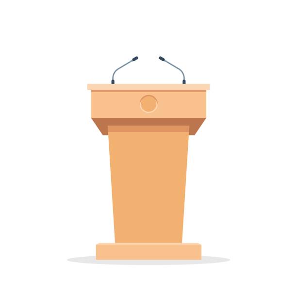 Rostrum with microphones Wooden podium tribune stand rostrum with microphones. Flat icon. Vector illustration isolated on white background lectern stock illustrations