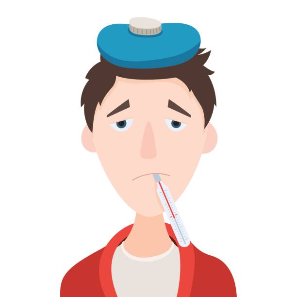 Sick man with thermometer Sick man with thermometer in mouth and ice pack on his head. Vector illustration in cartoon style hot male drawing stock illustrations