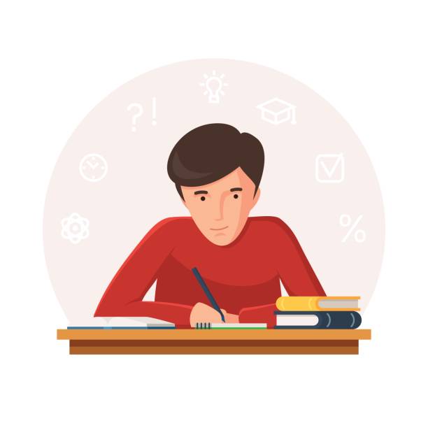 Student sitting at table Student sitting at table with books and writing. Young people preparing for exams at University or school. Icons of learning. Vector illustration isolated on white background man writing stock illustrations