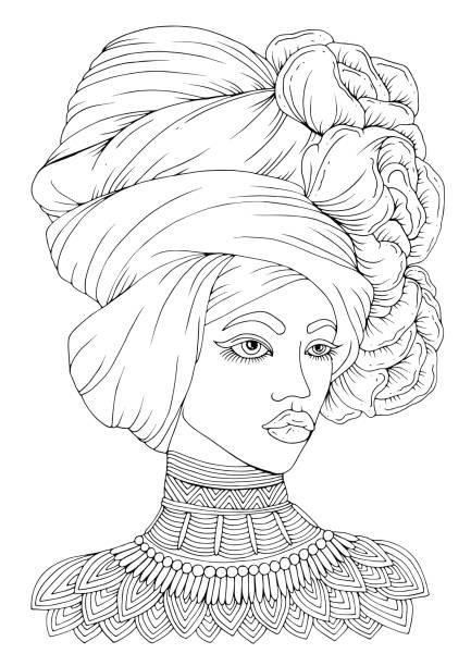 illustrations, cliparts, dessins animés et icônes de portrait dessiné d’une jeune femme afro-américaine à main vector - russian culture scarf textile shawl