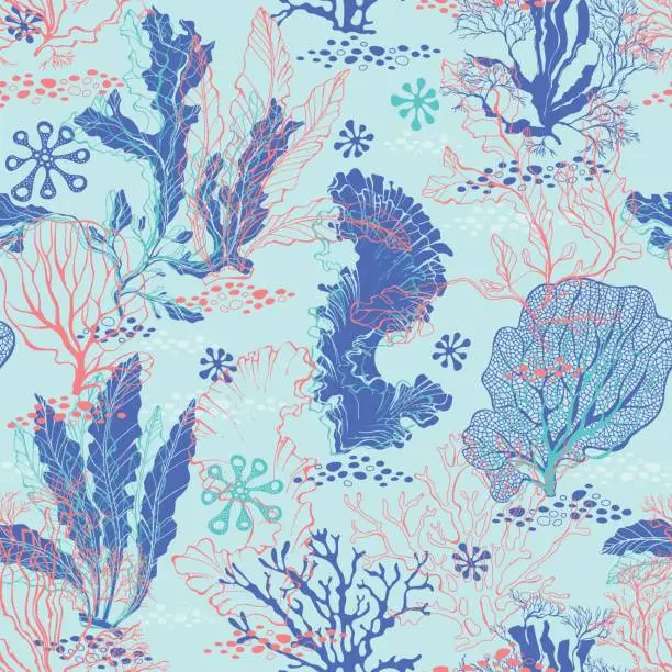 Vector illustration of Seamless pattern with underwater plants. Bright sea vector illustration.