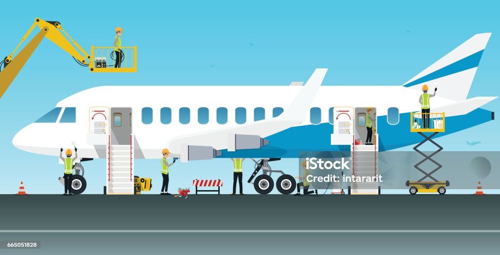 Aircraft maintenance engineer Aviation engineer workers are maintaining various aircraft systems. Airplane stock vector