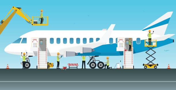 Aircraft maintenance engineer Aviation engineer workers are maintaining various aircraft systems. airplane maintenance stock illustrations