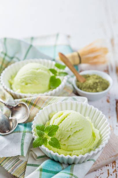 istock Matcha tea ice cream in white bowl 665067554