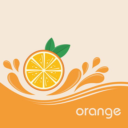 Orange fruits and splashing juice on orange background. Vector illustration banner design or poster.