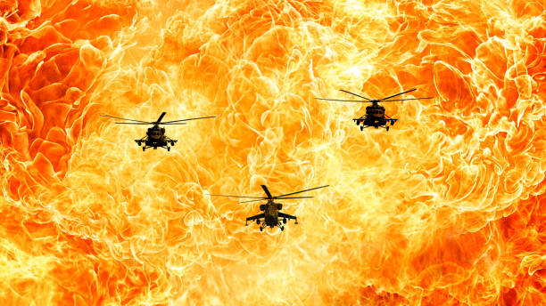 istock Combat helicopter on a fiery background, Fire flames 665081502