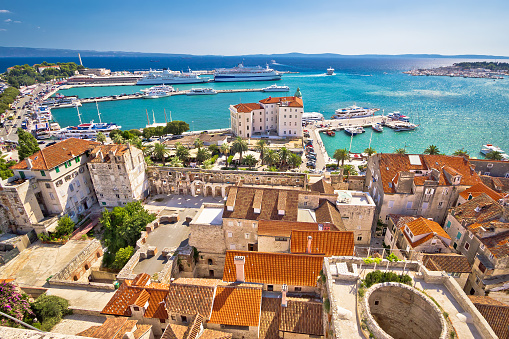 Split harbor and waterfront historic architecture aerial view, Dalmatia, Croatia