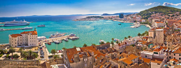 Split historic waterfront panoramic aerial view, Dalmatia, Croatia Split historic waterfront panoramic aerial view, Dalmatia, Croatia croatian culture photos stock pictures, royalty-free photos & images