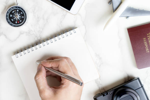 istock Traveler is writing on blank diary page with metal pen 665088674