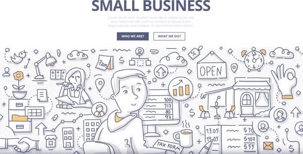 Small Business Doodle Concept Doodle vector illustration of small business owner counting revenue, filling tax form, making order to supplier. Concept of small business for web banners, hero images, printed materials small business illustrations stock illustrations