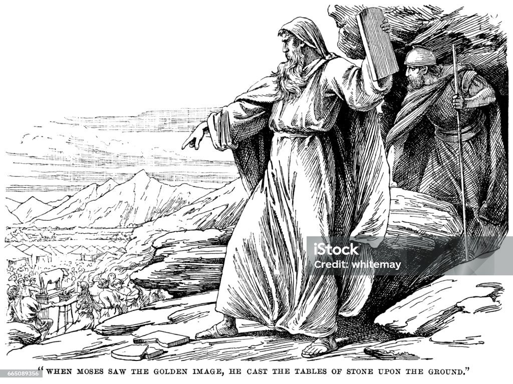 Moses casting the tablets of stone on the ground On Mount Sinai, when Moses saw the Israelites worshipping the golden statue of the calf, he threw the stone tablets on the ground and broke them. From “Sunday Reading for the Young”, published in 1895 by Wells Gardner, Darton & Co, London. With articles and poems by various authors and illustrations by various artists. Calf stock illustration