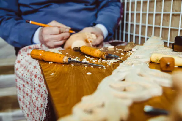 Photo of Carpenters tool in workshop of woodcarver