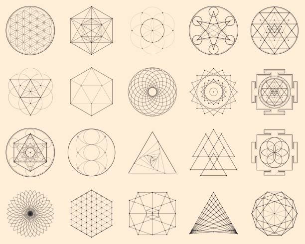 Esoteric Spiritual Geometry Vector Illustration with a Perfect Set of Sacred Icons fractal stock illustrations