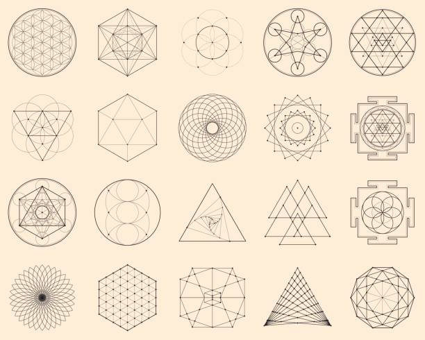 Esoteric Spiritual Geometry Vector Illustration with a Perfect Set of Sacred Icons buddhist house of worship stock illustrations