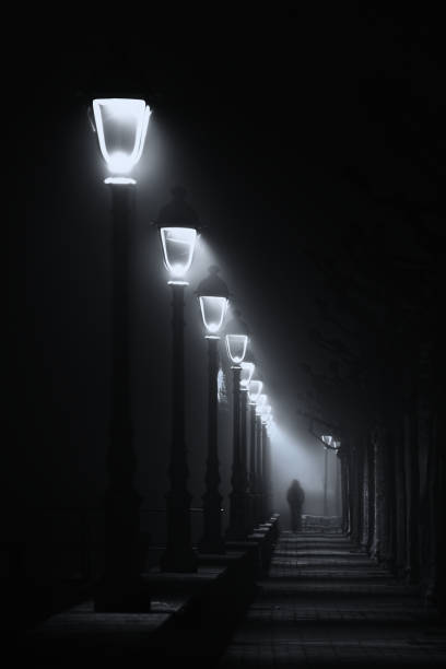 person walking on dark street illuminated with streetlamps person walking on dark street illuminated with streetlamps. Black and white narrow photos stock pictures, royalty-free photos & images