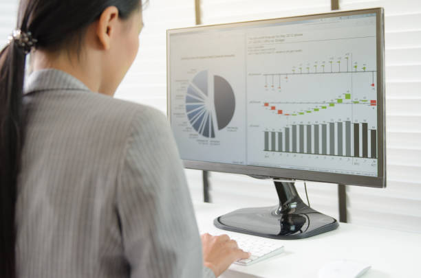 istock Business woman working in office with business graph on computer 665104236