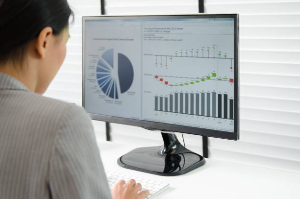 istock Business woman working in office with business graph on computer 665104238