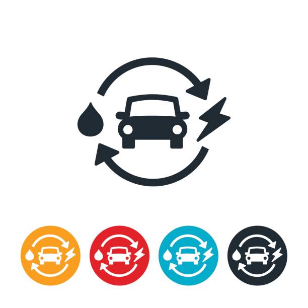Hybrid Car Icon An icon of a hybrid car. The icon illustrates this concept by showing a car with a droplet of oil and a bolt of electricity. hybrid car stock illustrations