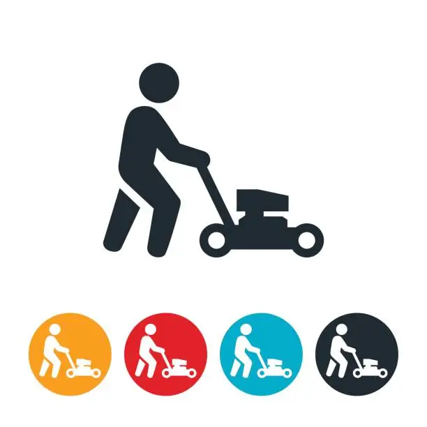 Vector illustration of Person Pushing Lawn Mower Icon