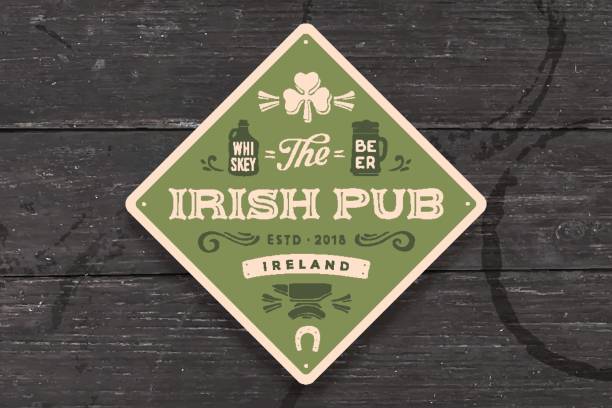 Coaster for Irish Pub. Vintage drawing for bar, pub Coaster for Irish Pub. Vintage drawing for bar, pub, beer and whiskey themes. Green square or rhombus for placing a beer mug or whiskey glass over it with lettering and drawings. Vector Illustration irish culture stock illustrations