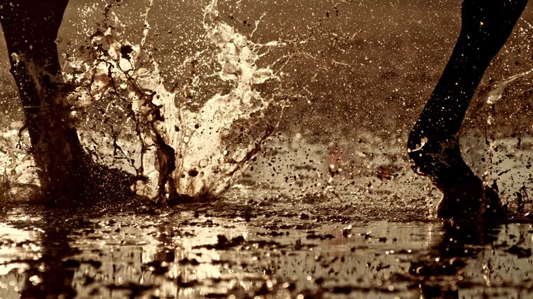 SLO MO TS Legs of a horse running on wet ground