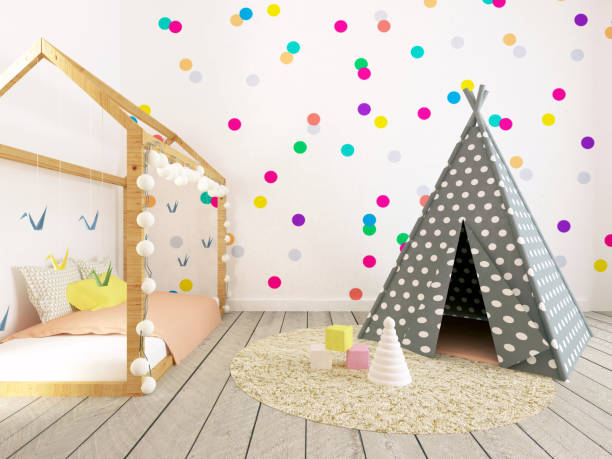 Baby Room Interior, Nursery with Dots stock photo