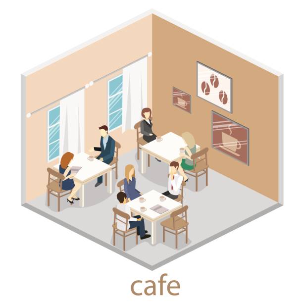 ilustraciones, imágenes clip art, dibujos animados e iconos de stock de isométrica interior de cafetería. diseño isométrico plano 3d interiores café o restaurante. las personas se sientan en mesas y comerán. - isometric people cafe coffee shop