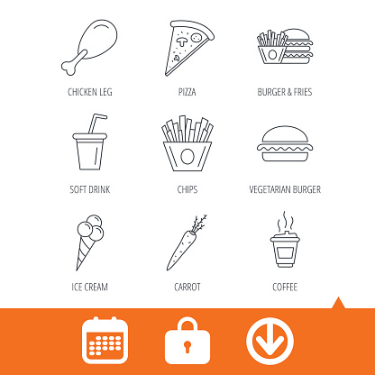 Vegetarian burger, pizza and soft drink icons. Coffee, ice cream and chips fries linear signs. Chicken leg, carrot icons. Download arrow, locker and calendar web icons. Vector